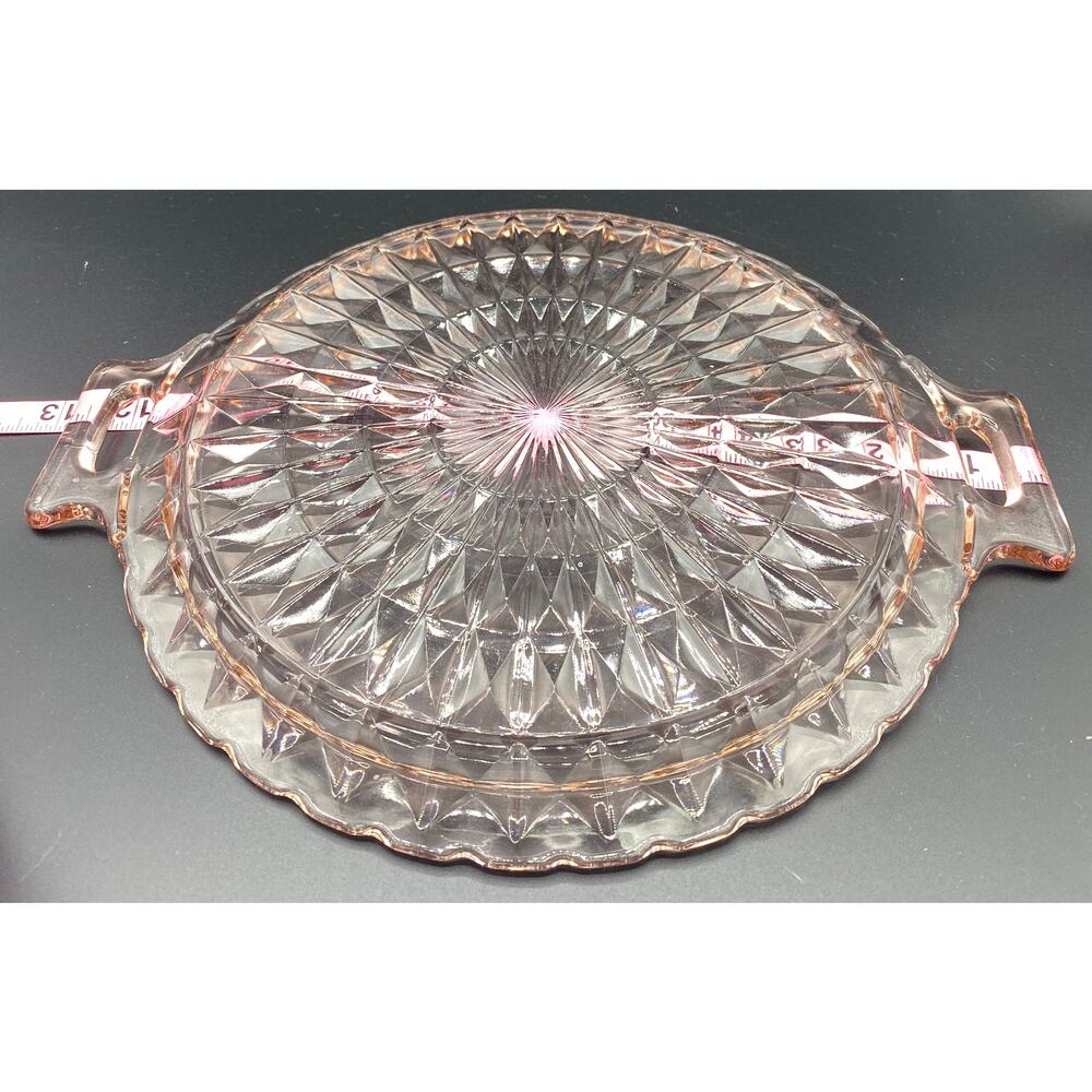 VTG Windsor Depression Diamond 10” Pink Handle Platter Cake Jeanette Glass MCM - Picture 5 of 5